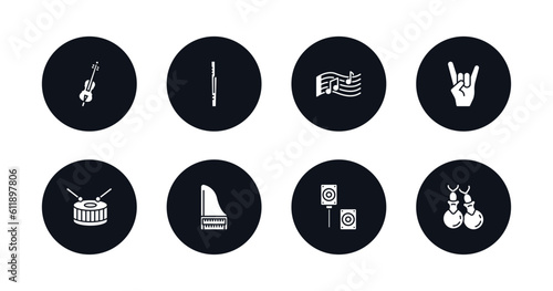 symbol for mobile filled icons set. filled icons such as violoncello, bassoon, melody, heavy metal, snare drum, harpsichord, sound system, castanets vector.