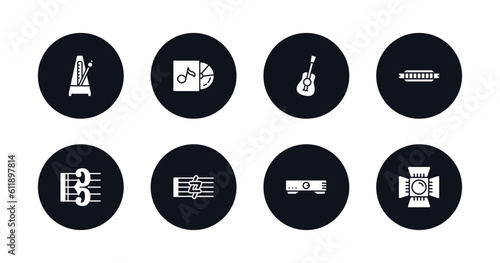 symbol for mobile filled icons set. filled icons such as metronome, album, ukelele, harmonica, alto clef, sharp, amplifier, music spotlight vector.