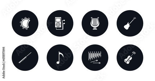 symbol for mobile filled icons set. filled icons such as tambourine, mp3, lyre, guitar, flute, music note, xylophone, violin vector.