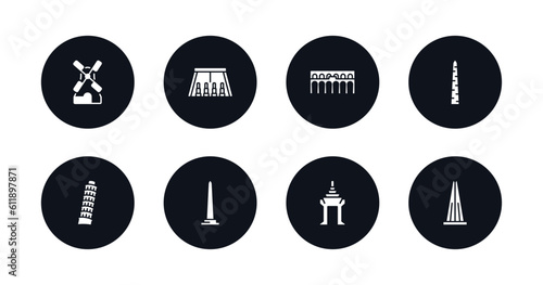 symbol for mobile filled icons set. filled icons such as kinderdijk windmills, abu simbel, segovia aqueduct, walled obelisk, tower of pisa, national mall, cambodia, the vector.
