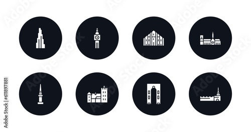 symbol for mobile filled icons set. filled icons such as , the clock tower, milan cathedral, notre dame cathedral, philippines, bran castle, ejer baunehoj, moscow vector.
