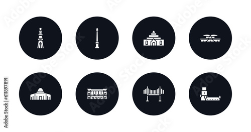 symbol for mobile filled icons set. filled icons such as qutb minar in new delhi, monument site, thatbyinnyu temple, dpr/mpr building, dome of the rock, palais garnier, vincent thomas bridge, belem