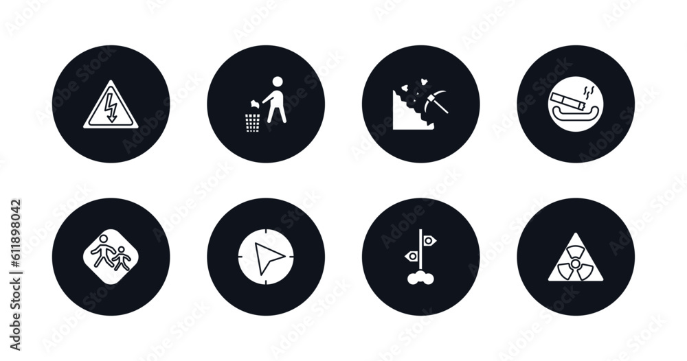 symbol for mobile filled icons set. filled icons such as electrocutation danger, no littering, mining work zone, smoking place, school zone, navigate, vintage, radiactive vector. symbol for mobile filled icons set. filled icons such as electrocutation danger, no littering, mining work zone, smoking place, school zone, navigate, vintage, radiactive vector.