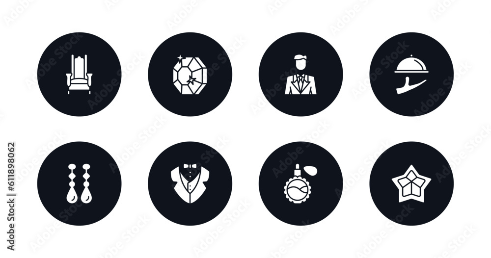 symbol for mobile filled icons set. filled icons such as throne, gems, business man, serving, earrings, tuxedo, fragance, stars vector. symbol for mobile filled icons set. filled icons such as throne, gems, business man, serving, earrings, tuxedo, fragance, stars vector.