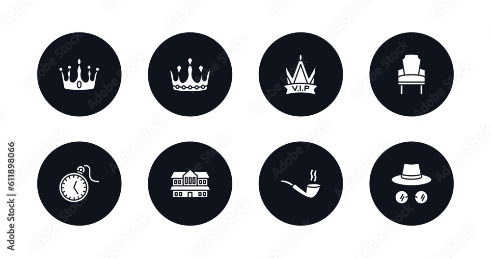 symbol for mobile filled icons set. filled icons such as crown, princess, vip, luxury armchair, pocket watch, cottage, smoke pipe, ganster vector. symbol for mobile filled icons set. filled icons such as crown, princess, vip, luxury armchair, pocket watch, cottage, smoke pipe, ganster vector.