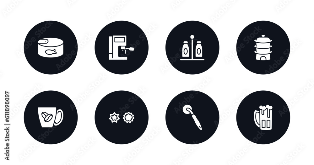 symbol for mobile filled icons set. filled icons such as conserve, coffee hine, spice jar, steamer, mug, cookie cutter, pizza cutter, beer vector. symbol for mobile filled icons set. filled icons such as conserve, coffee hine, spice jar, steamer, mug, cookie cutter, pizza cutter, beer vector.