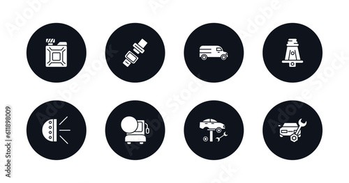 symbol for mobile filled icons set. filled icons such as change car oil, car seat belt, van facing left, hine connector plug, car light, bus with a compass, tire change, repairing vector.
