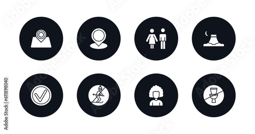 symbol for mobile filled icons set. filled icons such as map localization, location mark, toilets, mount fuji, mark, no skiing, women hairstylist, no toileting vector.