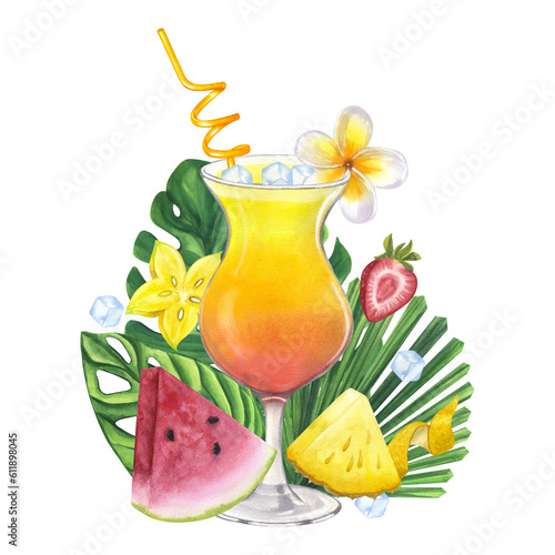 Cocktail Sex on the beach, Tequila Sunrise. Tropical leaves. Cherry, pineapple. Hand drawn watercolor illustration isolated on white background. Design element for bar restaurant menu