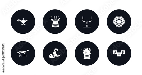 symbol for mobile filled icons set. filled icons such as magic lamp, magic trick, candelabra, astral, levitation, witch hat, crystal ball, runes vector.