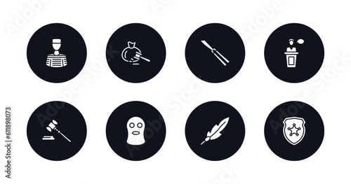 symbol for mobile filled icons set. filled icons such as prisoner, inheritance law, butterfly knife, witness, gavel, balaclava, feather pen, police badge vector.