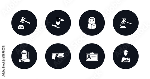 symbol for mobile filled icons set. filled icons such as tax law, property and finance, counsel, veredict, , electroshock weapon, employment, accident and injuries vector.