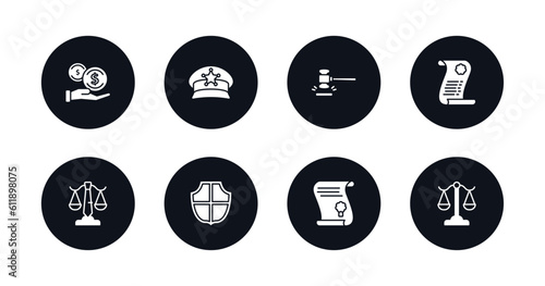 symbol for mobile filled icons set. filled icons such as bribery, police cap, case closed, legal paper, business law, defense, scroll with law, adminstrative law vector.