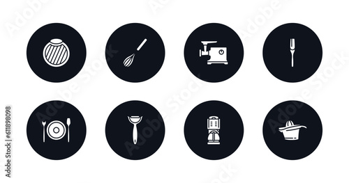 symbol for mobile filled icons set. filled icons such as chopping board, beater, meat grinder, paddle, dinner, peeler, coffee maker, squeezer vector.