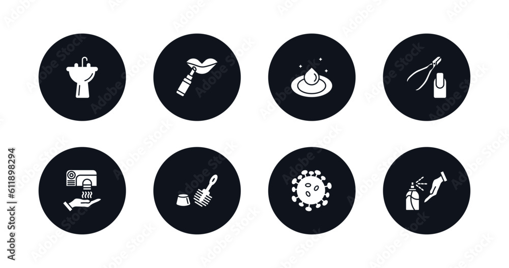 symbol for mobile filled icons set. filled icons such as washbowl, dolled up, purity, nail scissors, hand dryer, toilet brush, pathogen, antiseptic vector.