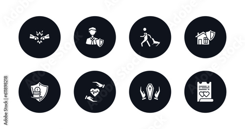 symbol for mobile filled icons set. filled icons such as frontal crash, insurance agent, bite, house insurance, retirement, life insurance, funeral, marriage contract vector.