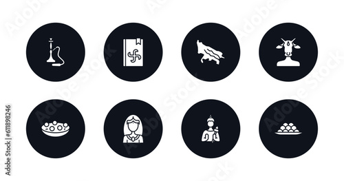 symbol for mobile filled icons set. filled icons such as hookah, vedas, , varaja, kanji vadas, chandra, vishnu, indian sweets vector.