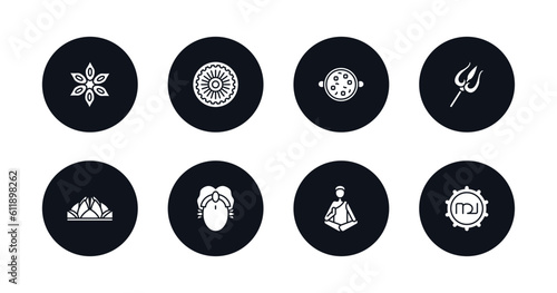 symbol for mobile filled icons set. filled icons such as anise, chakra, tikka masala, trident, e, parvati, guru, tamil language vector.