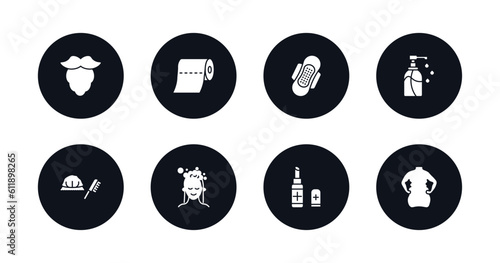 symbol for mobile filled icons set. filled icons such as beardy, paper towel, sanitary napkin, pump bottle, shower cap, hair washing, lip balm, body shaming vector.
