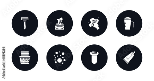 symbol for mobile filled icons set. filled icons such as shaving razor, tissues, dust cleaning, detergent dose, laundry basket, bubbles, depilator, tooth paste vector.