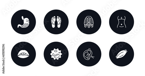 symbol for mobile filled icons set. filled icons such as stoh with liquids, human footprints, human ribs, female hips and waist, mouth open, white blood cell, fetus in an uterus, muscle fiber