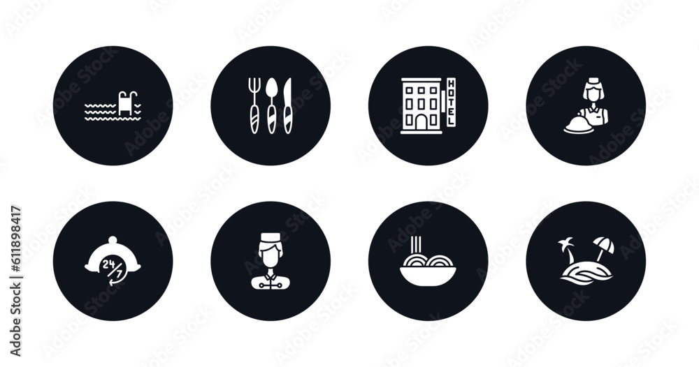 symbol for mobile filled icons set. filled icons such as pool, cutlery, hotel, reception, 24 service, bellboy, spaghetti, beach vector. symbol for mobile filled icons set. filled icons such as pool, cutlery, hotel, reception, 24 service, bellboy, spaghetti, beach vector.