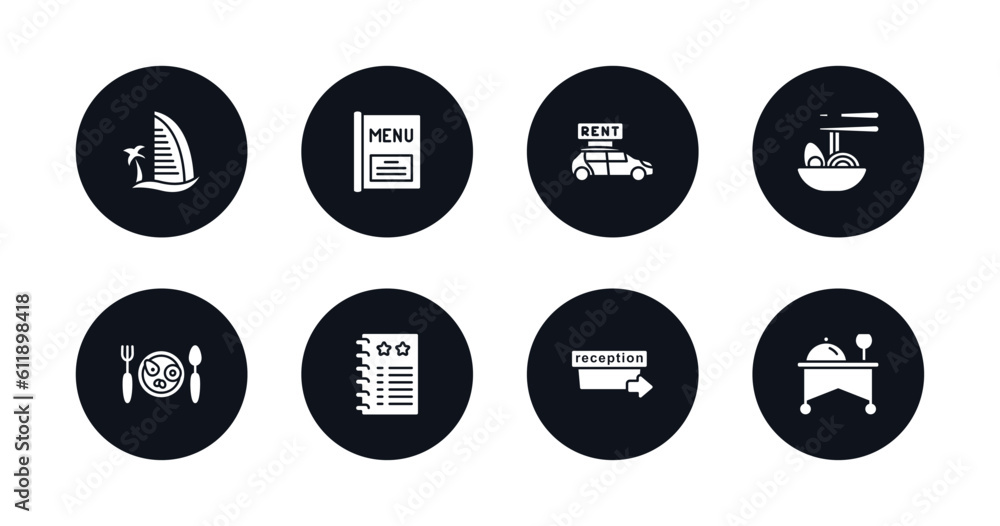 symbol for mobile filled icons set. filled icons such as beach hotel, menu, rent a car, ramen, breakfast, agenda, check out, room service vector. symbol for mobile filled icons set. filled icons such as beach hotel, menu, rent a car, ramen, breakfast, agenda, check out, room service vector.