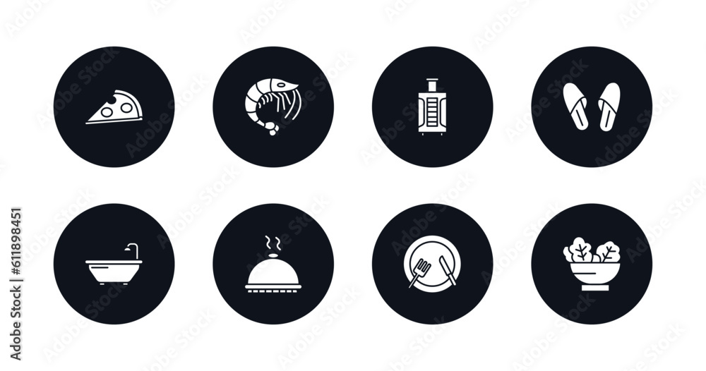 symbol for mobile filled icons set. filled icons such as pizza, shrimp, luggage, slippers, bathtub, dish, food, salad vector. symbol for mobile filled icons set. filled icons such as pizza, shrimp, luggage, slippers, bathtub, dish, food, salad vector.