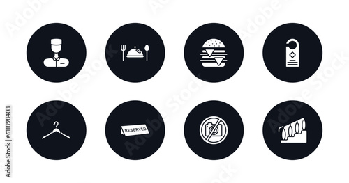 symbol for mobile filled icons set. filled icons such as valet, meal, cheese burger, door hanger, hanger, reserved, no pictures, stairway vector.