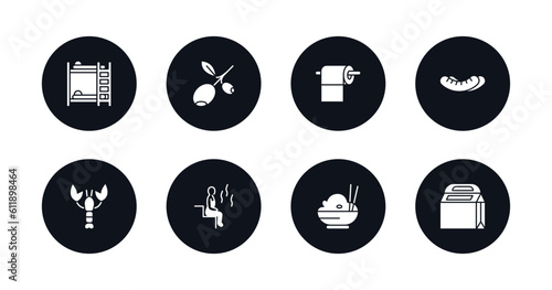 symbol for mobile filled icons set. filled icons such as bunk bed, olives, toilet paper, sausage, lobster, sauna, rice, take away vector.