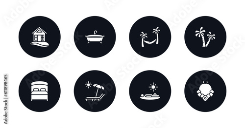 symbol for mobile filled icons set. filled icons such as beach hut, bathtube, hammock relaxing, palm trees, bed, sunbath, sunbathing, flower necklace vector.