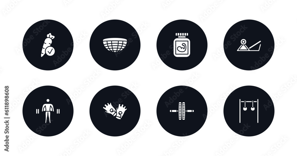 symbol for mobile filled icons set. filled icons such as good diet, bosu ball, phytonutrients, press simulator, exercising dumbbell, fitness gloves, fitness wheel, rings exercises vector. symbol for mobile filled icons set. filled icons such as good diet, bosu ball, phytonutrients, press simulator, exercising dumbbell, fitness gloves, fitness wheel, rings exercises vector.