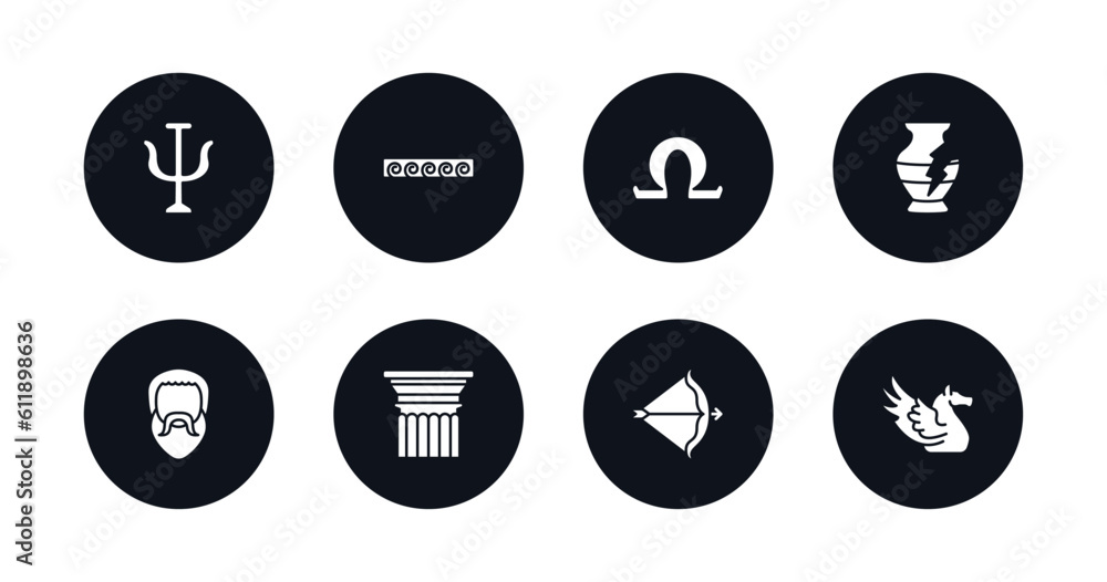 symbol for mobile filled icons set. filled icons such as psi, greek ornament, omega, broken amphora, plato, pillar, artemis, pegasus vector.