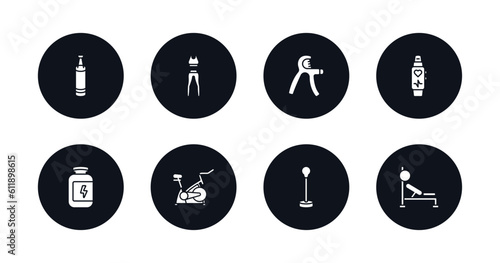 symbol for mobile filled icons set. filled icons such as boxing bag, sport wear, grip, fitness tracker, protein, exercise bike, standing punching ball, barbell bench press vector.