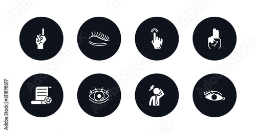 symbol for mobile filled icons set. filled icons such as finger up, eyelash, hand pointer, two fingers up, decree, watch dark eye, dubious, hands up vector.