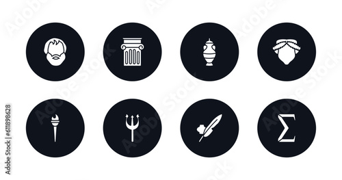 symbol for mobile filled icons set. filled icons such as aristotle, jonic column, amphora, muse, sports torch, poseidon, ink and quill, sigma vector.