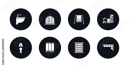 symbol for mobile filled icons set. filled icons such as bidet, bird cage, porch swing, livingroom, bedroom lamp, room divider, chest, corner sofa vector.