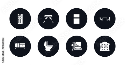 symbol for mobile filled icons set. filled icons such as door, side table, refrigerator, dining room, credenza, wc, living room, headboard vector.