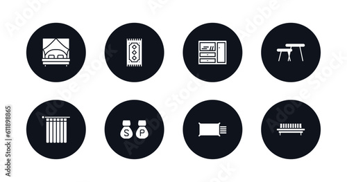 symbol for mobile filled icons set. filled icons such as canopy bed, rug, cupboard, coffee table, shower curtain, salt and pepper shakers, linens, daybed vector.