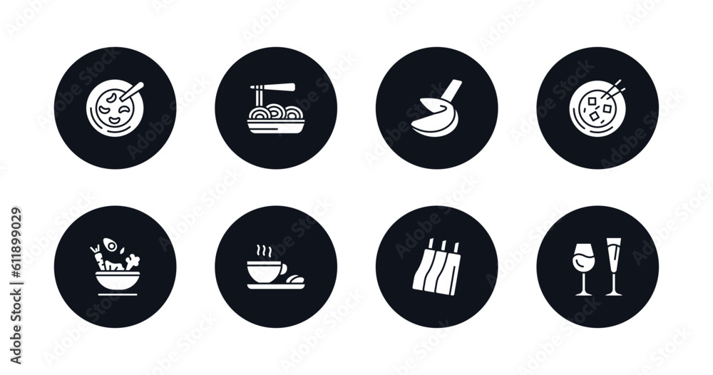 symbol for mobile filled icons set. filled icons such as red bean soup, pasta, fortune cookie, mapo tofu, healthy nutrition, warm cup and plate, ribs, alcoholic drinks vector.
