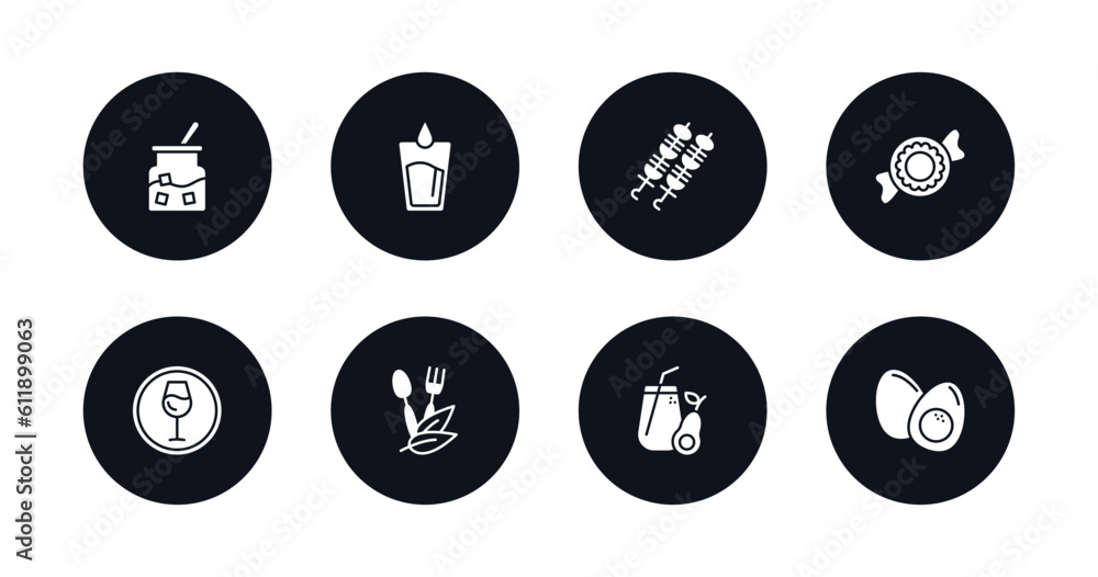 symbol for mobile filled icons set. filled icons such as sugar container, water glass, brochette, polvoron, drinking zone, organic food, healthy shakes, boiled egg vector. symbol for mobile filled icons set. filled icons such as sugar container, water glass, brochette, polvoron, drinking zone, organic food, healthy shakes, boiled egg vector.