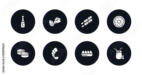 symbol for mobile filled icons set. filled icons such as champagne bottle, dairy, kebab, donuts, arons, shrimps, fried tofu curd balls, fresh smoothie vector.