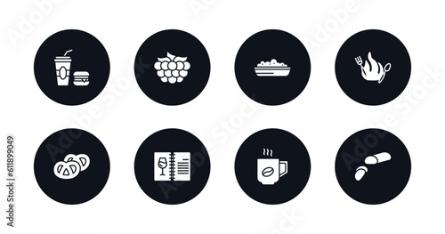 symbol for mobile filled icons set. filled icons such as junk food, raspberry leaf, risotto, calories, pretzel, drinks menu, hot coffee cup, marzipan vector.