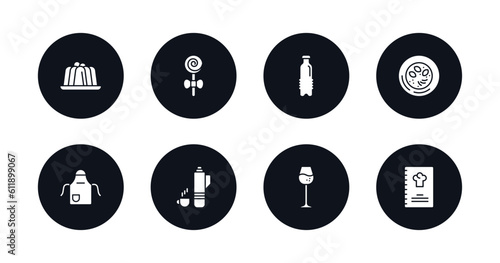 symbol for mobile filled icons set. filled icons such as jelly, jawbreaker, water container, hainanese chicken, kitchen pack, thermo flask, cup of wine, restaurant menu vector.