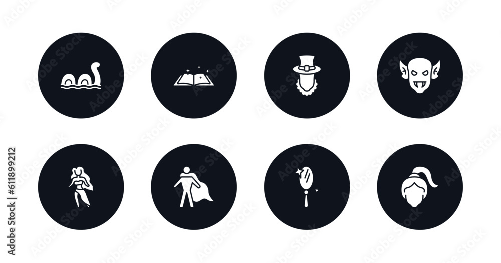 symbol for mobile filled icons set. filled icons such as loch ness monster, fairy tale, leprechaun, goblin, madre monte, hero, enchanted mirror, damsel vector.