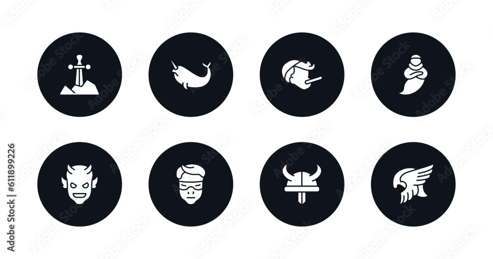 symbol for mobile filled icons set. filled icons such as excalibur, narwhal, pinocchio, genie, devil, protagonist, viking, valkyrie vector. symbol for mobile filled icons set. filled icons such as excalibur, narwhal, pinocchio, genie, devil, protagonist, viking, valkyrie vector.