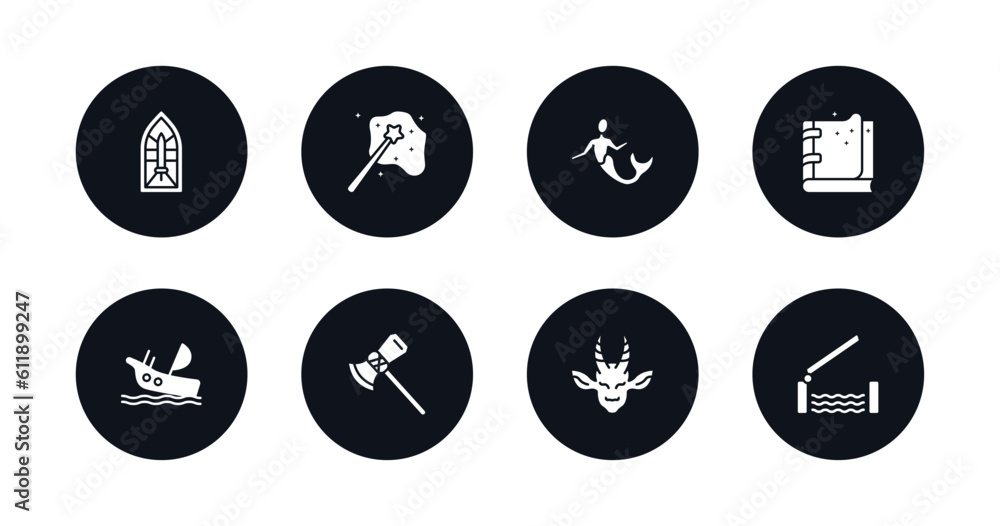 symbol for mobile filled icons set. filled icons such as stained glass, enchantment, merman, spellbook, shipwreck, thor, faun, drawbridge vector.