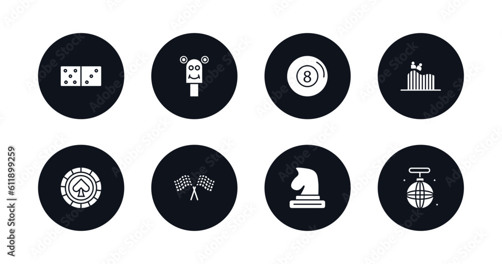 symbol for mobile filled icons set. filled icons such as domino, puppet show, eight ball, roller coaster, poker chip, racing, chess piece, disco vector. symbol for mobile filled icons set. filled icons such as domino, puppet show, eight ball, roller coaster, poker chip, racing, chess piece, disco vector.