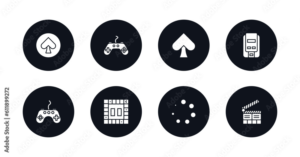 symbol for mobile filled icons set. filled icons such as spades, controller, ace of spades, super, video game, board games, spinner, clapboard vector. symbol for mobile filled icons set. filled icons such as spades, controller, ace of spades, super, video game, board games, spinner, clapboard vector.