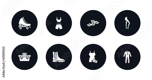 symbol for mobile filled icons set. filled icons such as roller skater, gym clothes, two carnival masks, tights, small toolbox, boot for women, wellness coach, working coverall vector.